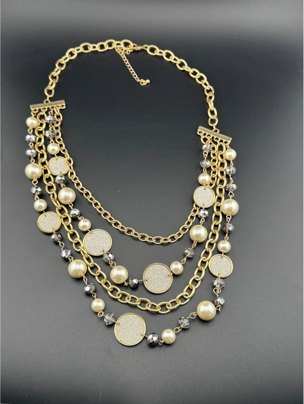 Multi-Strand Gold Tone Necklace with Pearl and Bead-